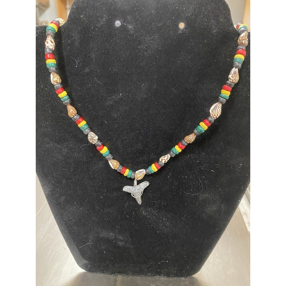 Rasta Shark Tooth Necklace w/ Shells & Wood Beads  Fossil Tooth | Surfer Choker